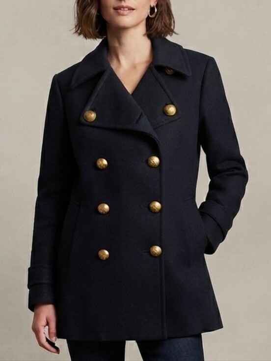 Banana Republic Jackets & Blazers - Heavy Cotton Pea Coat Navy Blue Gold Button Double Breasted XL Preppy Heritage